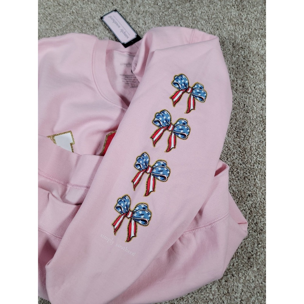 Simply Southern Sweatshirt Crewneck Sz M Pink Patriotic Bows USA 4TH of July NWT - Picture 7 of 14